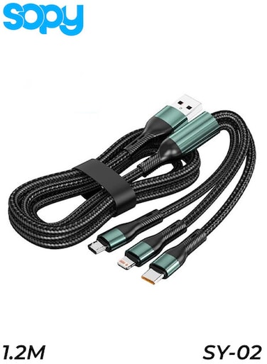 كابل Sopy SY-02 ثلاثي الوظائف من نوع USB-A إلى Type-C وMicro USB وLightning، يدعم الشحن السريع بقدرة 6 أمبير، بطول 1.2 متر، مصنوع من النايلون المضفر، باللون الرمادي.