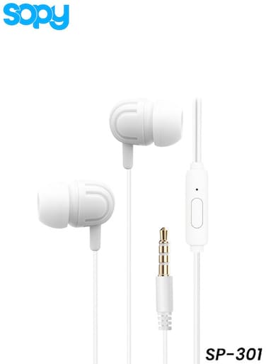 سماعات أذن سلكية Sopy SP-301 بمنفذ 3.5 ملم، صوت ستيريو عالي الدقة، تصميم شبه داخل الأذن، مزودة بميكروفون للهواتف والأجهزة اللوحية وأجهزة الكمبيوتر المحمولة.
