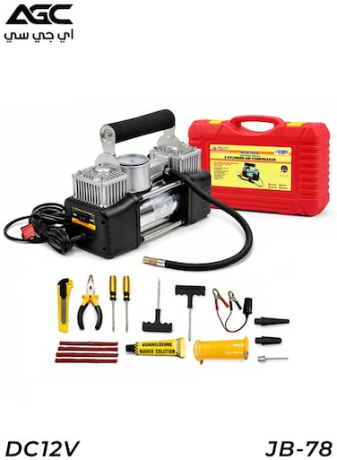طقم إصلاح الإطارات AGC JB-78: ضاغط هواء مزدوج الأسطوانات بجهد 12 فولت، ضغط 150PSI، مجموعة نفخ محمولة للسيارات - إصدار Pro Max