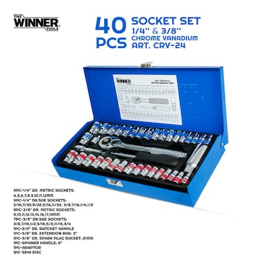 طقم لقم ومفاتيح WINNER مكون من 40 قطعة - مقاسات 1/4 و3/8 بوصة - مادة الكروم فاناديوم (CRV-40) - طقم أدوات احترافي شديد التحمل (مقاسات مترية وSAE)