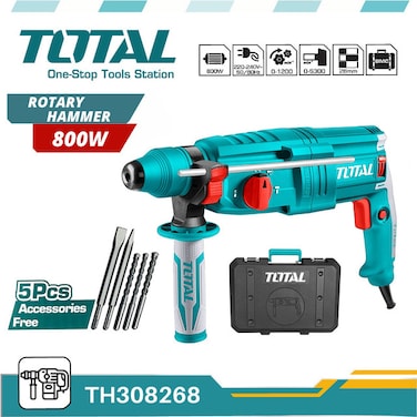 TOTAL TH308268 800W Rotary Hammer Drill SDS Plus 4 Mode Concrete Masonry Tool Kit Heavy Duty