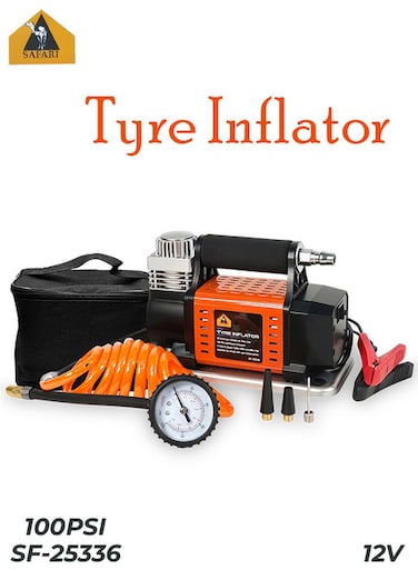 Safari SF-25336 منفاخ إطارات 12 فولت، 40 لتر/دقيقة، 100 PSI، كابل بطول 3 أمتار، طقم مضخة هواء محمولة متعددة الفوهات