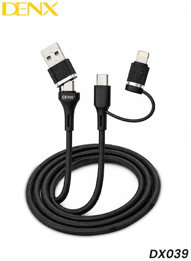 كابل شحن DENX DX039 "4 في 1" مضفر بالنايلون - USB-A / Type-C / Lightning - شحن سريع - بطول 1 متر - تصميم متين