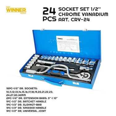 WINNER CRV-24 24pcs 1/2 Inch Drive Chrome Vanadium Socket Set with Ratchet Extensions Case Kit Tool Set Pro