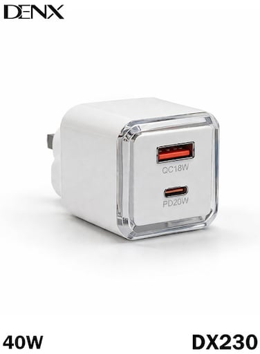 شاحن حائطي DENX DX230 ثنائي المنافذ (40 واط) - منفذ USB-C بتقنية PD20W ومنفذ USB-A بتقنية QC18W - تصميم مدمج وآمن - قابس ثلاثي (UK) - لون أبيض - شحن سريع