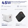 شاحن DENX DX234 سريع بقوة 45 واط، ثنائي المنافذ (USB-C PD وQC3.0)، بقابس بريطاني، محول شحن مدمج وآمن.