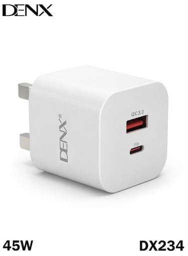 شاحن DENX DX234 سريع بقوة 45 واط، ثنائي المنافذ (USB-C PD وQC3.0)، بقابس بريطاني، محول شحن مدمج وآمن.