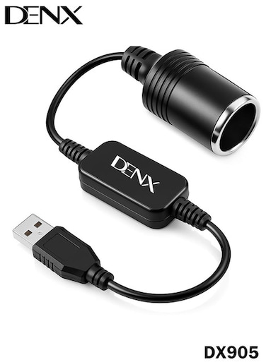 كابل محول DENX DX905 من USB إلى ولاعة السجائر في السيارة (12 فولت) – محول رفع الجهد (5 فولت) للاستخدام كمصدر طاقة آمن