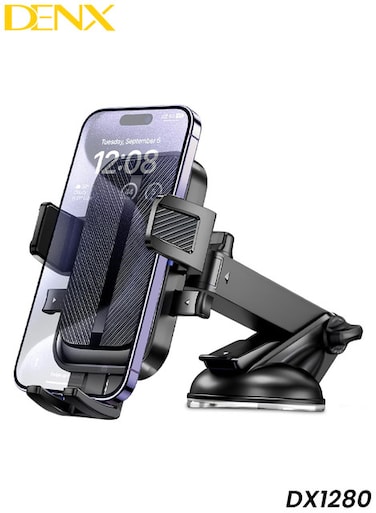 حامل هاتف للسيارة DENX DX1280 - ذراع تلسكوبي قابل للتعديل، قاعدة تثبيت بالشفط بزاوية 360 درجة، متوافق عالمياً، يُثبّت على لوحة القيادة (إصدار احترافي)