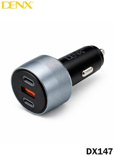 شاحن سيارة سريع DENX DX147 بقوة 130 واط - 3 منافذ (USB-C و USB-A) مع تقنيتي PD و QC3.0 - تصميم مدمج، شحن آمن، وتوافق شامل