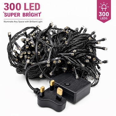 300 مصباح LED أبيض دافئ، سلسلة إضاءة مقاومة للماء، مناسبة للاستخدام الداخلي والخارجي، أضواء زينة عيد الميلاد مع مؤقت