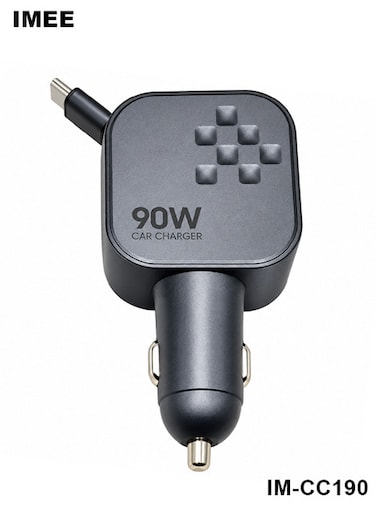 شاحن سيارة سريع IMEE PLUS IM-CC190 بقدرة 90 واط، مزود بكابل USB-C قابل للسحب بطول 65 سم، ومنفذي USB-C وUSB-A