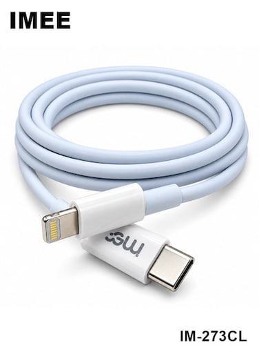 كابل IMEE IM-273CL من USB-C إلى Lightning، يدعم الشحن السريع بقدرة 27 واط، ونقل البيانات بسرعة 480 ميجابت في الثانية، بطول 1 متر، باللون الأزرق الفاتح
