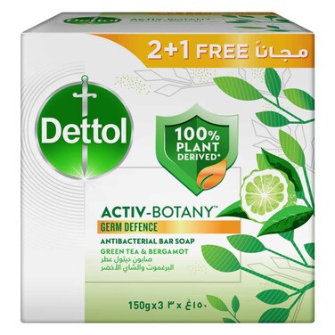 Dettol Activ-Botany Bar Soap, Green Tea &amp; Bergamot Scent, 150g  2+1 FREE
