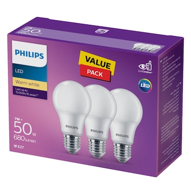 فيليبس - مصباح إل إي دي 7 واط، E27، 3000 كلفن، 3 قطع