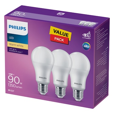 Philips - LED Bulb 13w E27, 3000k, 3 Pieces