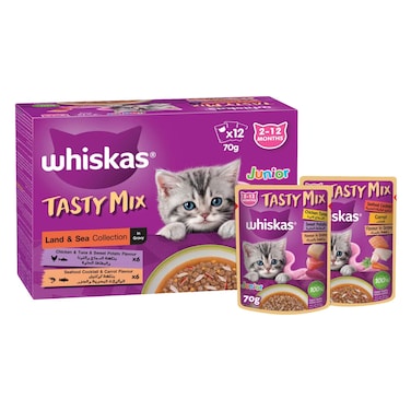 Whiskas Cat Food Tasty Mix Land &amp; Sea (Chicken &amp; Tuna With Sweet Potato Flavour x6) (Seafood Cocktain &amp; Carrot Flavour x6) 70g Each Pack