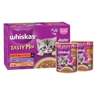 ويسكاس تيستي ميكس أكل قطط رطب، تشكيلة برية وبحرية بالمرق، عبوة من 12 x 70 غ