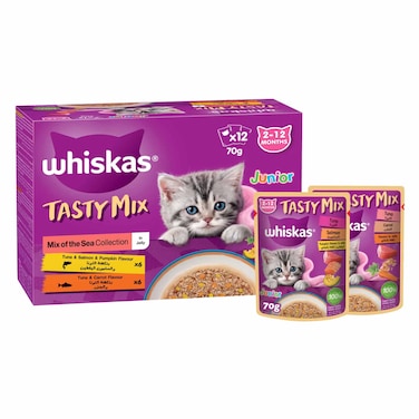 Whiskas Cat Food Tasty Mix, Mix Of The Sea (Tuna &amp; Salmon With Pumpkin Flavour x6) (Tuna Carrot Flavour x6) 70g Each Pack