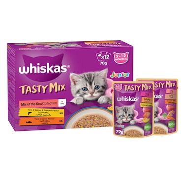 ويسكاس تيستي ميكس أكل قطط رطب، تشكيلة بحرية بالجيلي، عبوة من 12 x 70 غ