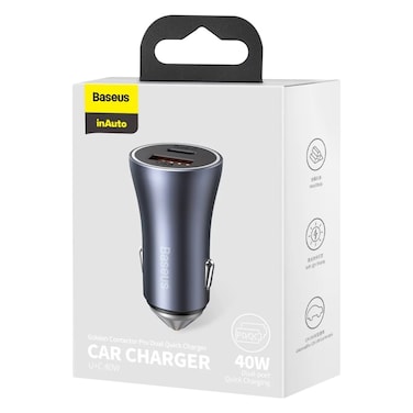 باسوس - شاحن سيارة مزدوج سريع جولدن كونتاكتور برو بمنفذي يو إس بي أيه وتايب سي، بقوة 40 واط - رمادي غامق
