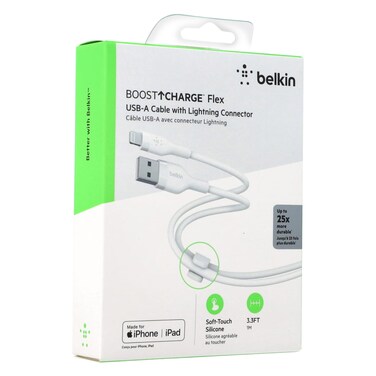 بيلكين - كابل USB-A مع موصل لايتنينج بطول 1 متر مع قبضة، أبيض