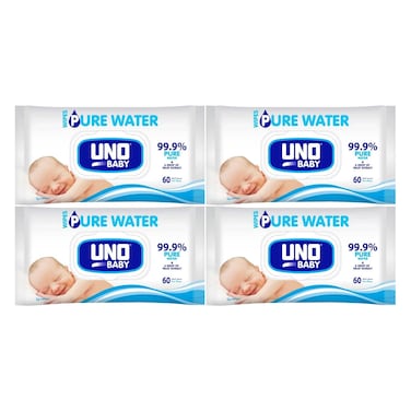UNO Pure Water Baby Wipes, Pack of 4 Pieces, 240 Wipes