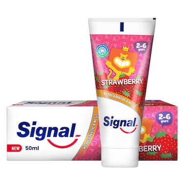 معجون الأسنان سيجنال جونيور،  بنكهة الفراولة، بدون مواد حافظة أو كبريتات لوريث الصوديوم، لسنتين حتى 5 سنوات، 50 مل