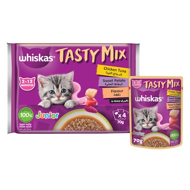 ويسكاس جونيور تيستي ميكس، أكل قطط رطب، التونا والسلمون ونكهة اليقطين بالجيلي، عبوة من 4 x 70غ