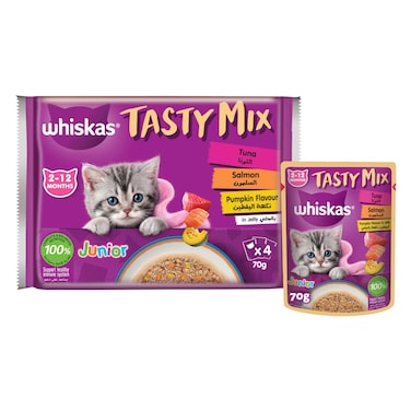 ويسكاس جونيور تيستي ميكس، أكل قطط رطب، الدجاج والتونا والبطاطا الحلوة بالمرق، عبوة من 4 x 70غ