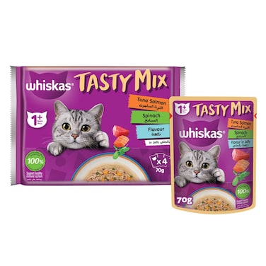ويسكاس تيستي ميكس أكل قطط رطب، التونا والسلمون مع السبانخ بالجيلي، عبوة من 4x 80غ