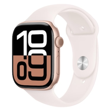 آبل ساعة السلسلة 10 GPS 46 ملم هيكل من الألومنيوم - ذهبي وردي مع سوار رياضي - أحمر الخدود متوسط ​​/ كبير