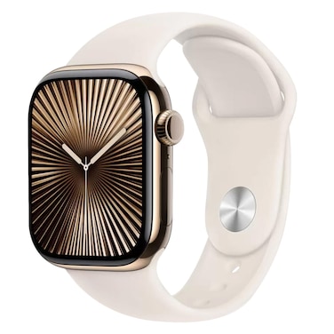 أبل ساعة سيريز 10 جي بي أس + خلوي 42 ملم هيكل من التيتانيوم الذهبي مع سوار ستارلايت سبورت - متوسط ​​/ كبير