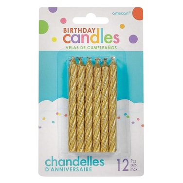 Birthday Gold Spiral Glitter Candles 12 Pieces