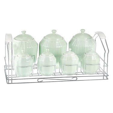 Opalina Ceramic 19-Piece Storage Jar Set with Metal Rack, Light Green