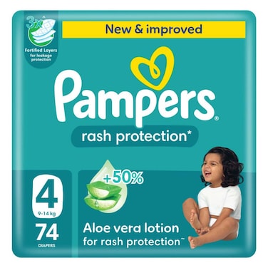 Pampers Rash Protection Taped Diapers, Size 4, 9-14kg, Giant Pack, 74 Count