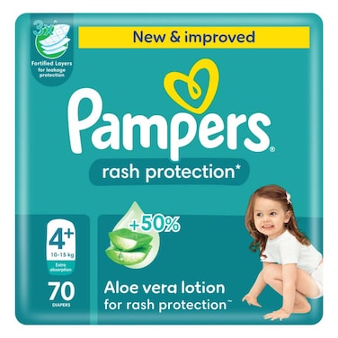Pampers Rash Protection Taped Diapers, Size 4+, 10-15kg, Giant Pack, 70 Count