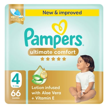 Pampers Ultimate Comfort Taped Diapers, Size 4, 9-14kg, Giant Pack, 66 Count