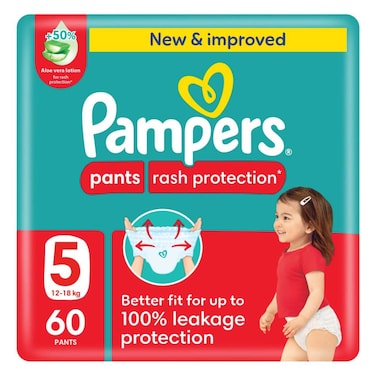 Pampers Rash Protection Pants Diapers, Size 5, 12-18kg, Giant Pack, 60 Count