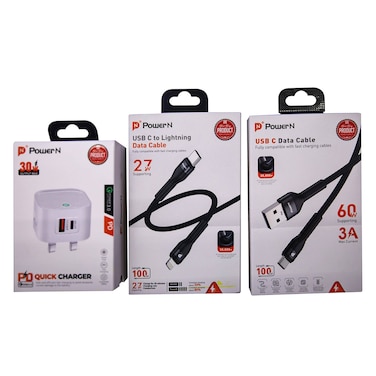 PowerN Quick Charger 30W + USB-C To Lightning Data Sync And Charging Cable + USB-C Data Sync And Charging Cable