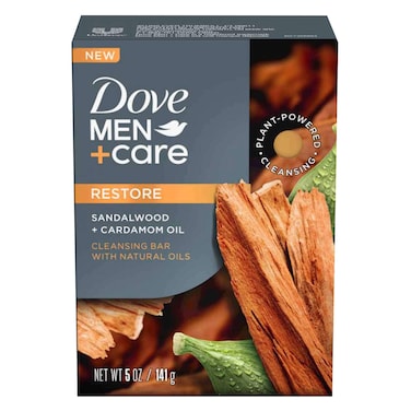Dove Men+Care Restoring Sandalwood &amp; Cardamom Oil 4-in-1 Bar Plant Powered Cleansing Bar, 141 g