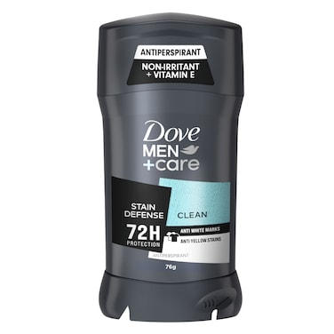Dove Men+Care Antiperspirant Deodorant Stick,Stain Defense, Clean Scent, Anti-White Marks &amp; Yellow Stains, with Vitamin E, Moisturizer &amp; 72H Protection, 76g
