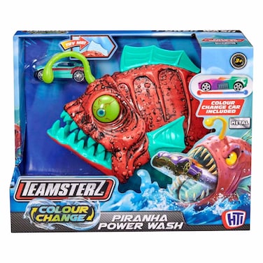Teamsterz, Car Wash Piranha Color Change Playset, Ages 3+ &ndash; Fill with warm or icy water to activate color-changing effect. Features piranha chamber with launcher and jaws. Includes 1 color-change die-cast car (~3 inch scale) with free-moving wheels.