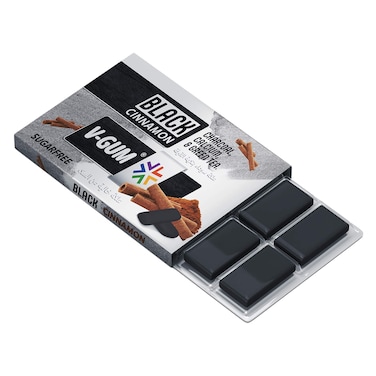 V-Gum Black Cinnamon Sugar-Free Chewing Gum - Charcoal, Black Calcium &amp; Green Tea, 20g Blister
