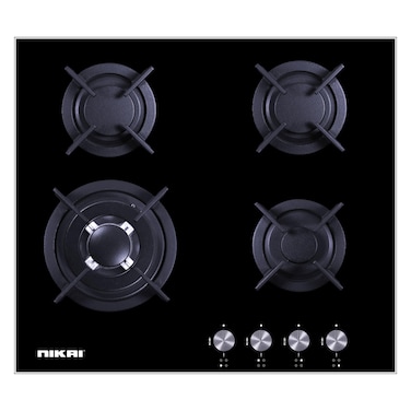 Nikai NGH3001G 4 Burner Metal Knob 8mm Thick Glass Surface Gas Hob 60cm Black