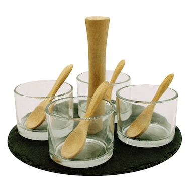 Round Slate Serving Set With 4 Glass Bowls