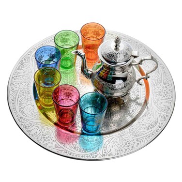 Teapot With Plate With 6pcs Glass Silver