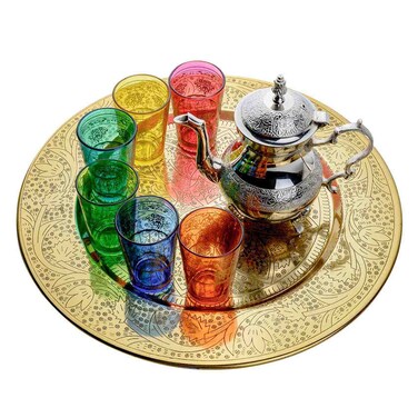 Teapot With Plate With 6pcs Glass Gold