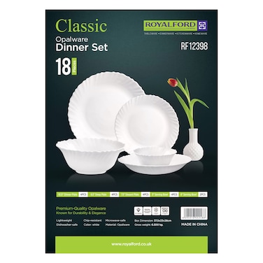 Royalford Classic Opalware Dinner Set - 18 Pieces - Durable &amp; Elegant