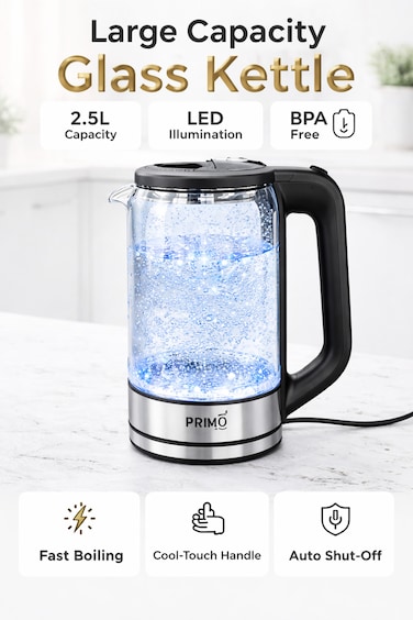 Primo Plus زجاج كهربائي غلاية, 2.5 لتر, 2200 واط, موديل PR642 - أزرق LED إضاءة و عصري تصميم